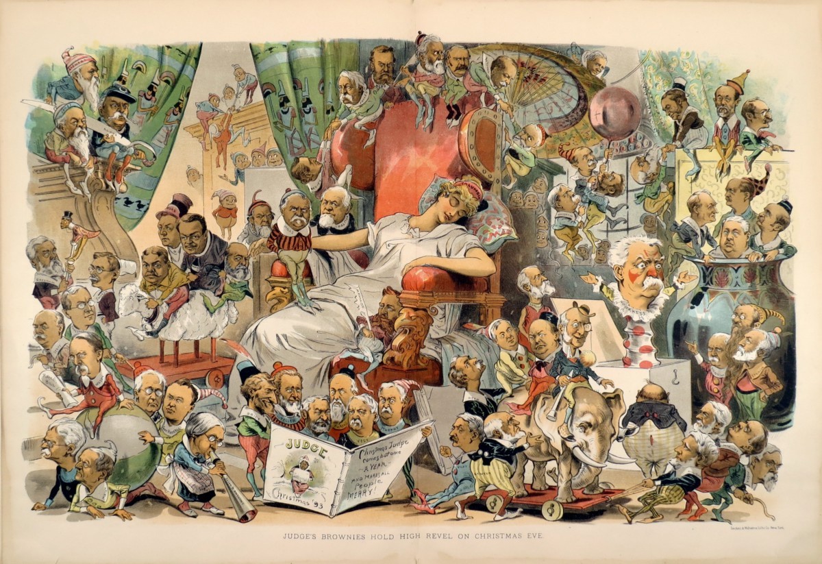 1893 SUSAN B. ANTHONY & LADY COLUMBIA - JUDGE'S BROWNIES HOLD HIGH REVEL ON CHRISTMAS EVE COMIC LITHOGRAPH PRINT