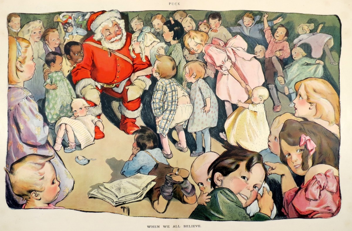 1903 ROSE O'NEILL WHEN WE ALL BELIEVE IN SANTA CLAUS PUCK COMIC LITHOGRAPH PRINT