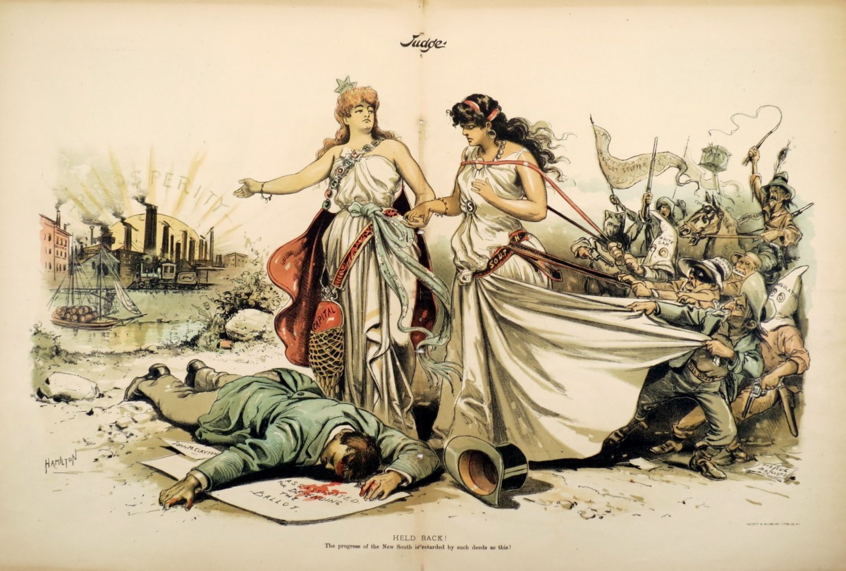 1889 GRANT E. HAMILTON HELD BACK BALLOT BOX VIOLENCE KU KLUX KLAN AND AGGITATORS JUDGE COMIC LITHOGRAPH PRINT