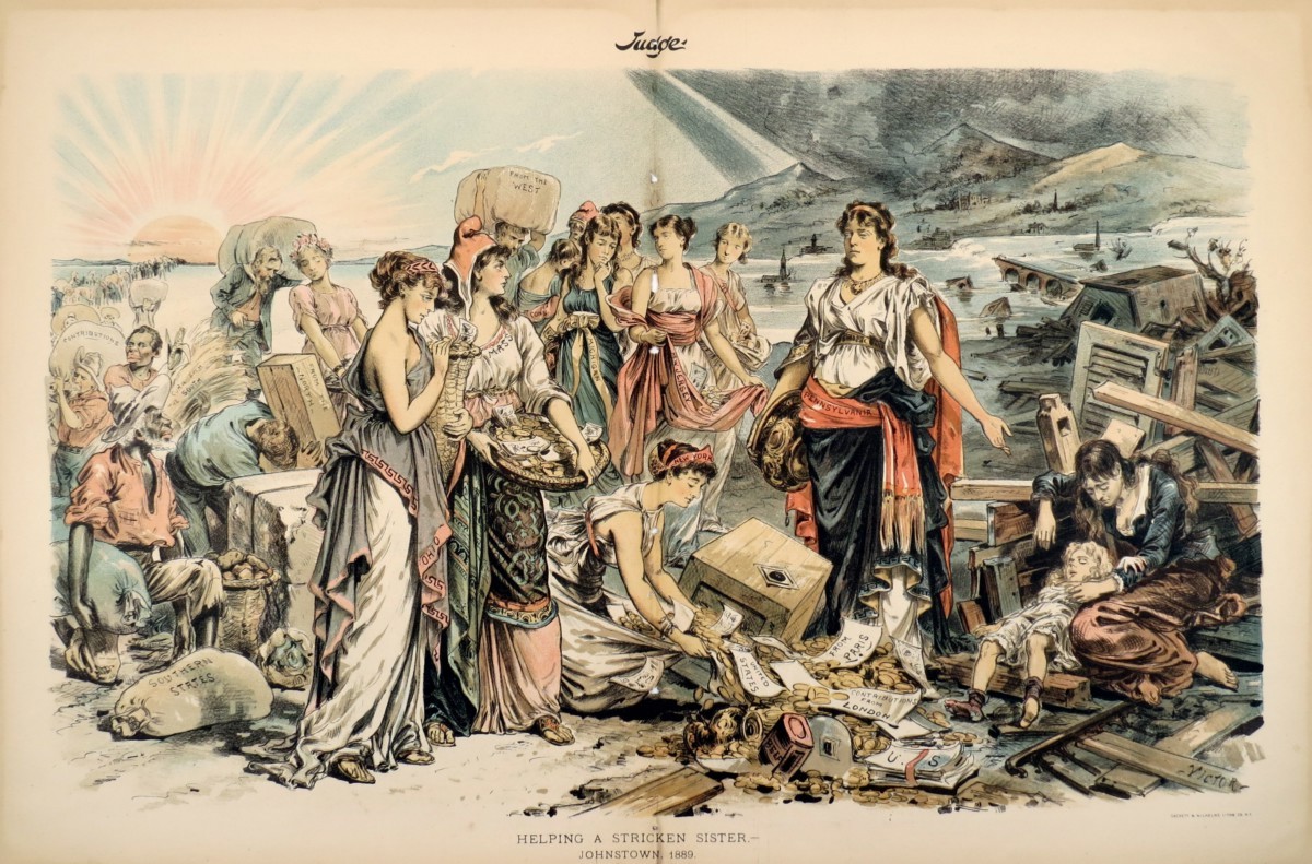 1889 VICTOR GILLAM HELPING A STRICKEN SISTER JOHNSTOWN FLOOD CHARITY & SOLIDARITY JUDGE COMIC LITHOGRAPH PRINT
