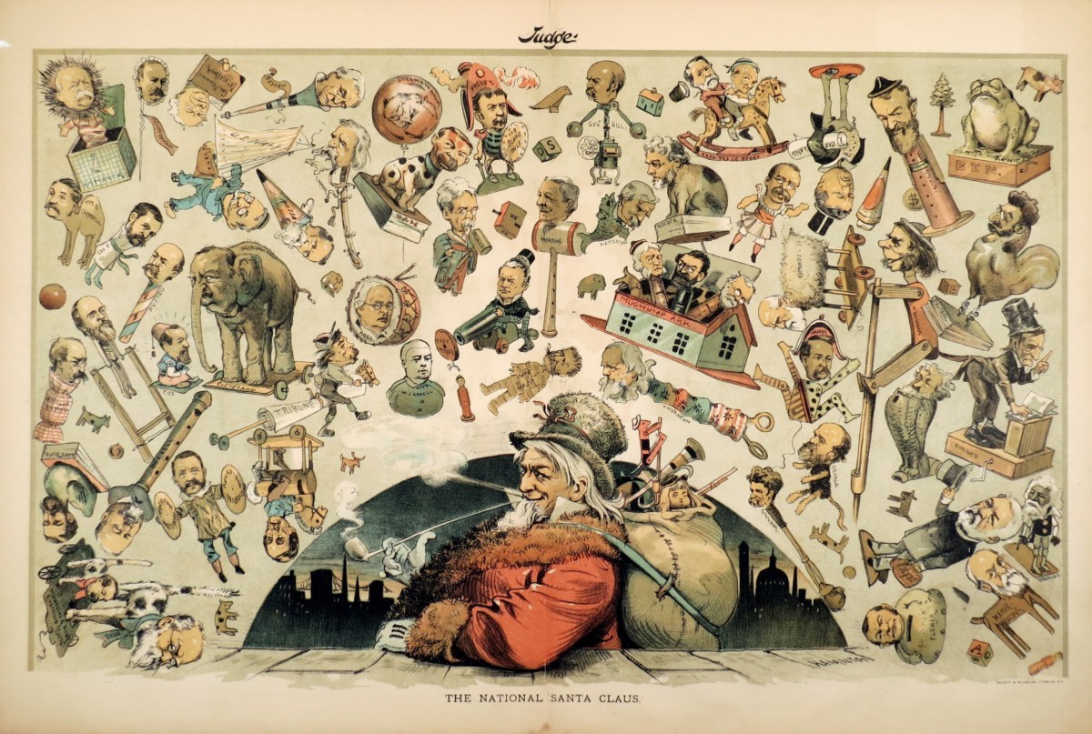 1887 GRANT HAMILTON UNCLE SAM THE NATIONAL SANTA CLAUS JUDGE COMIC LITHOGRAPH PRINT