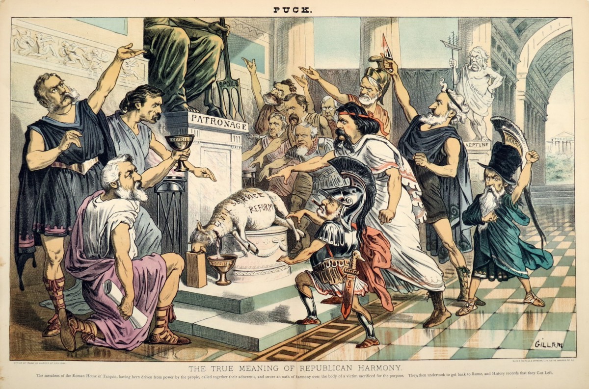 1883 BERNHARD GILLAM TRUE MEANING OF REPUBLICAN HARMONY PUCK COMIC LITHOGRAPH PRINT