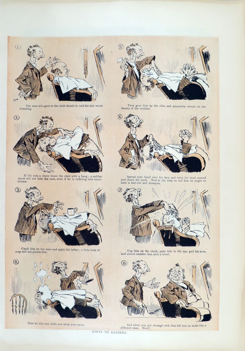 1887 HINTS TO BARBERS JUDGE MAGAZINE COMIC LITHOGRAPH PRINT