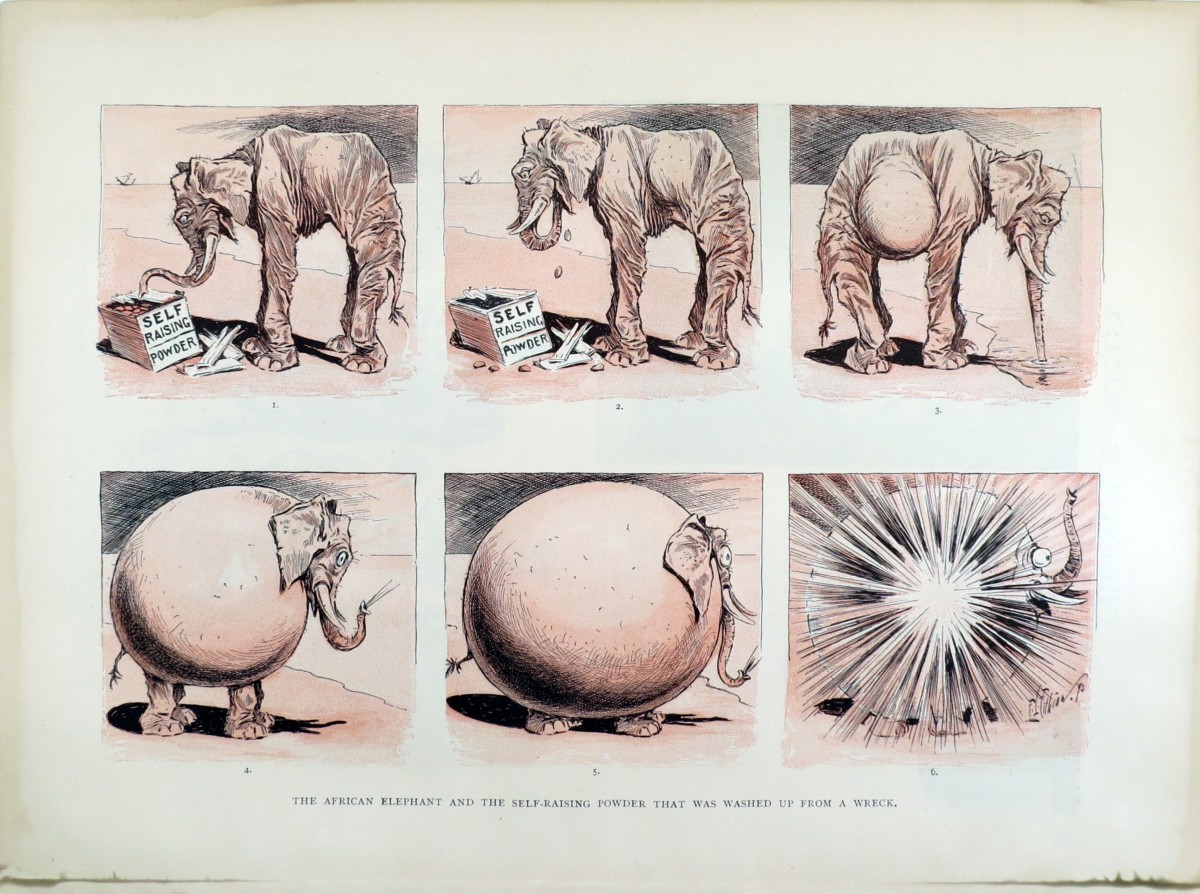 1887 THE AFRICAN ELEPHANT, A CAUTIONARY TALE JUDGE MAGAZINE COMIC LITHOGRAPH PRINT