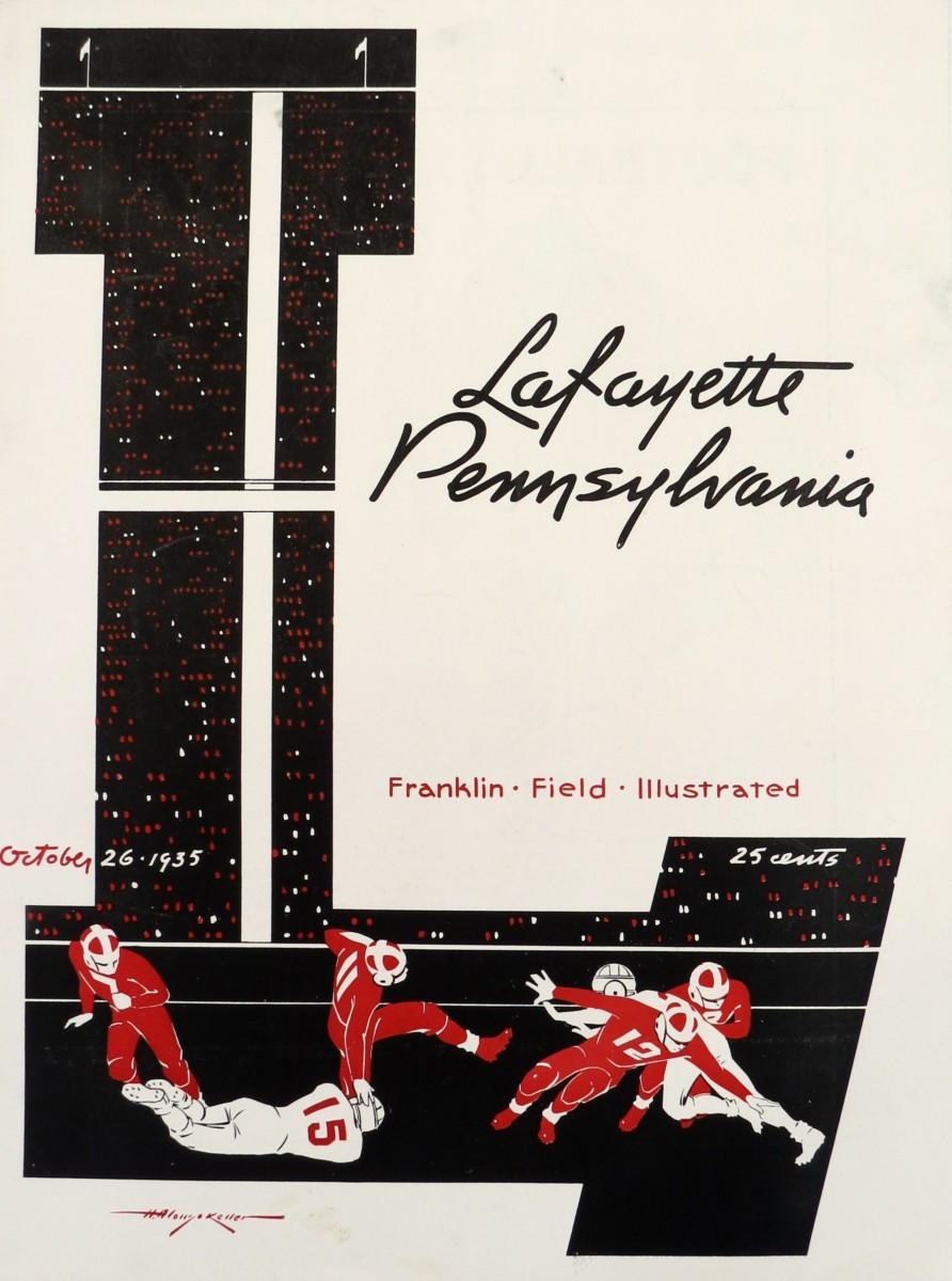OCTOBER 26, 1935 LAFAYETTE PENNSYLVANIA FRANKLIN FIELD ILLUSTRATED FOOTBALL PROGRAM COVER BY LON KELLER