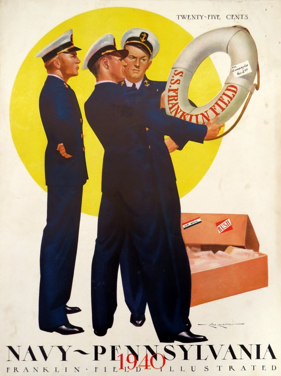 1940 NAVY WEST POINT PENNSYLVANIA FRANKLIN FIELD ILLUSTRATED FOOTBALL PROGRAM COVER BY LON KELLER