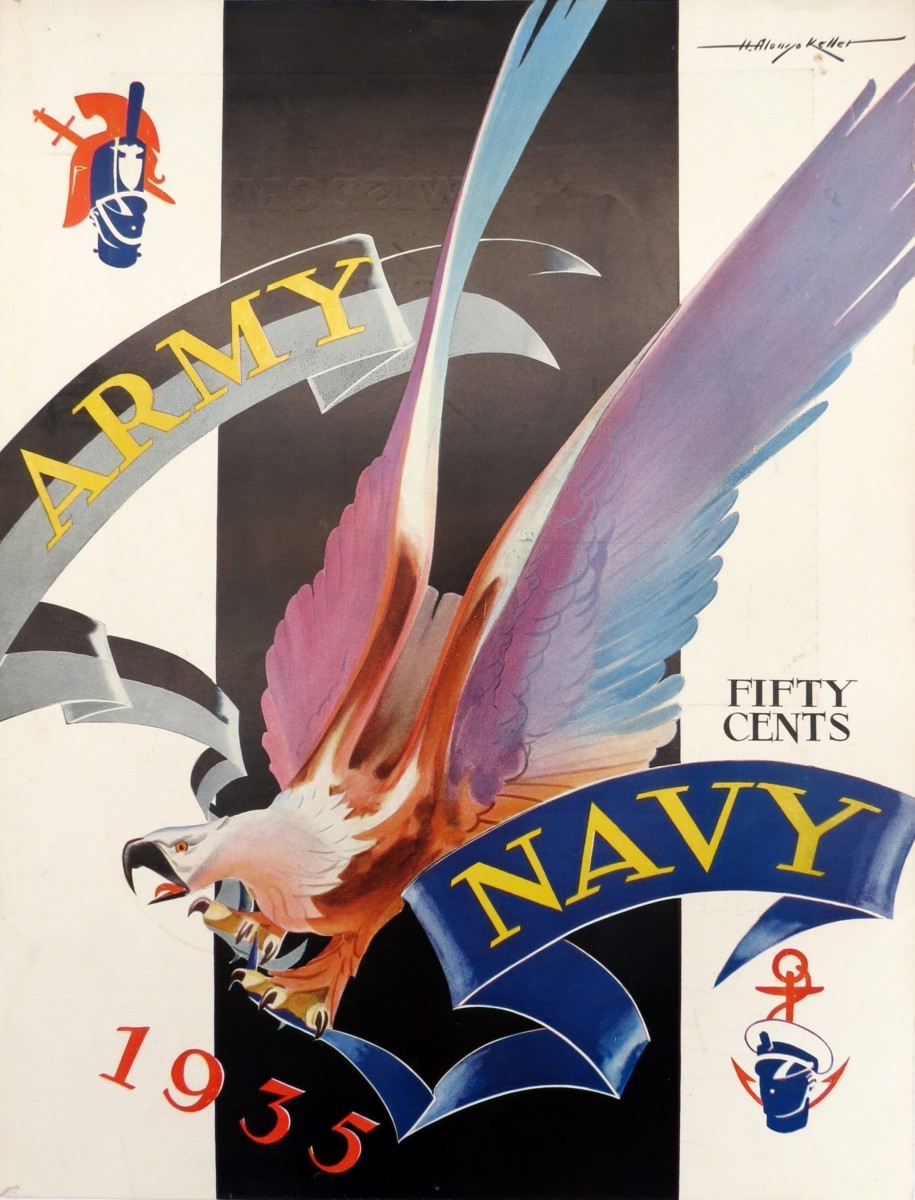 1935 ARMY NAVY WEST POINT PENNSYLVANIA FRANKLIN FIELD ILLUSTRATED FOOTBALL PROGRAM COVER BY LON KELLER