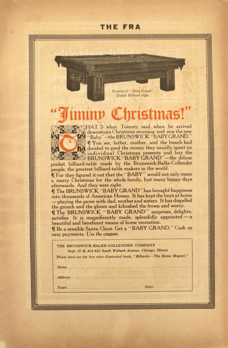 1915 BUNSWICK 'BABY GRAND' POCKET BILLIARD STYLE TABLE JIMINY CHRISTMAS! AD