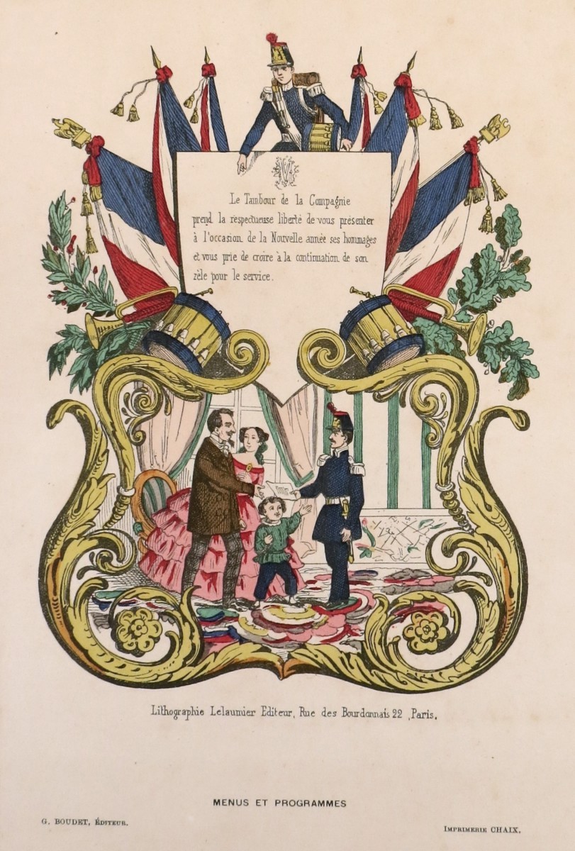 ANTIQUE 1898 LE TAMBOUR DE LA COMPAGNIE NEW YEAR GREETINGS BY PARISIAN NATIONAL GUARD DRUMMERS PRINT