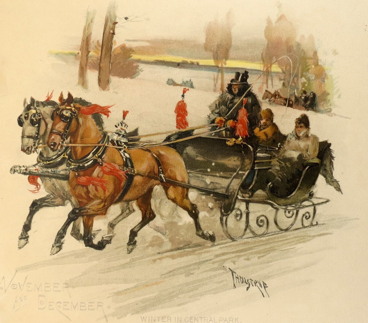 ANTIQUE C. 1890 PRINT WINTER SLEIGH RIDE IN CENTRAL PARK CHROMOLITHOGRAPH PRINT BY THURE DE THULSTRUP
