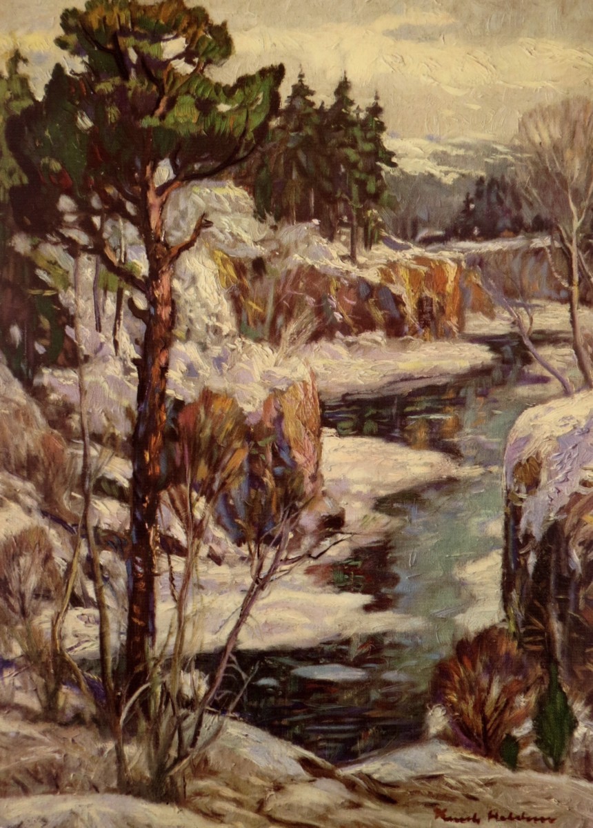 1939 WINTER WILDERNESS RIVER SCENE PRINT BY KNUTE HELDNER POST IMPRESSIONIST