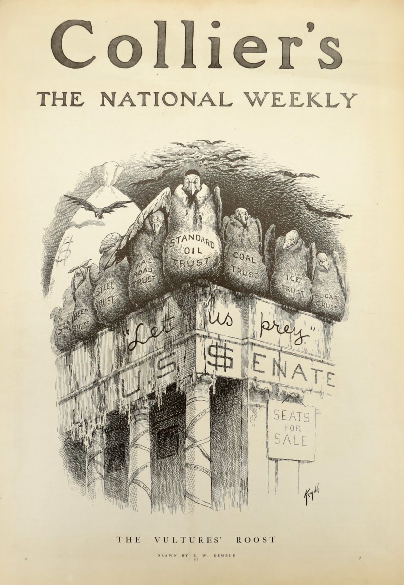 ORIGINAL C. 1905 E. W. KEMBLE THE VULTURES ROOST CORPORATE MONOPOLIES WEEKLY MAGAZINE COVER