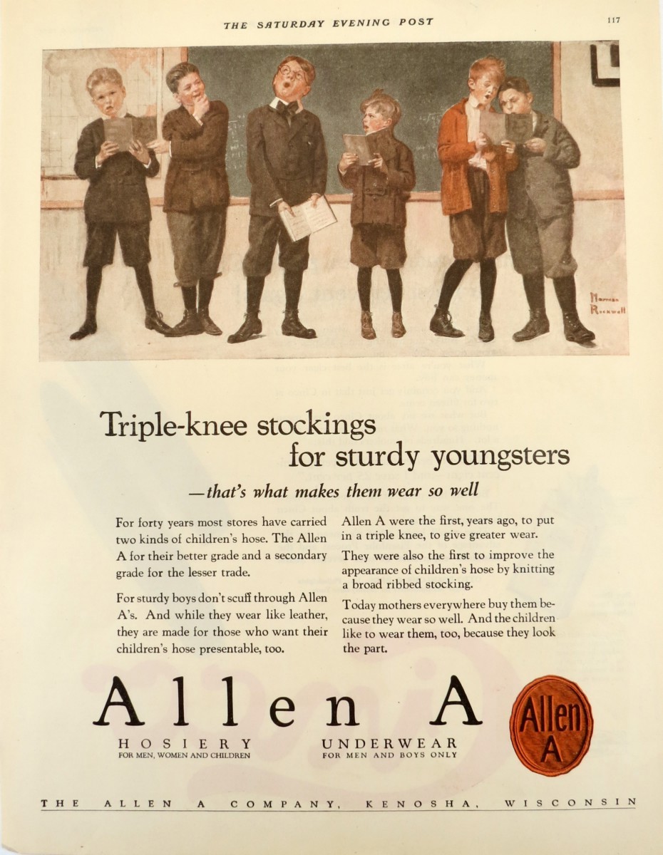 ORIGINAL 1924 NORMAN ROCKWELL SCHOOL BOYS ALLEN A TRIPLE-KNEE STOCKINGS PRINT AD