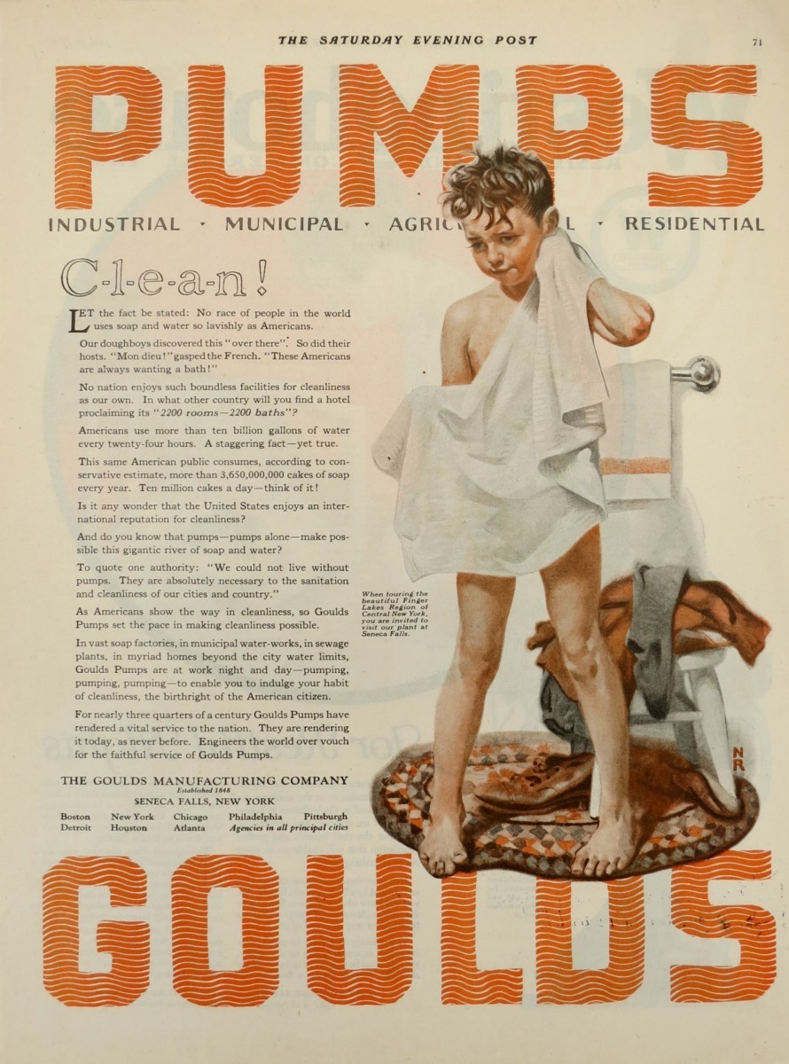 ORIGINAL 1921 NORMAN ROCKWELL YOUNG BOY BATH GOULDS PUMPS PRINT AD