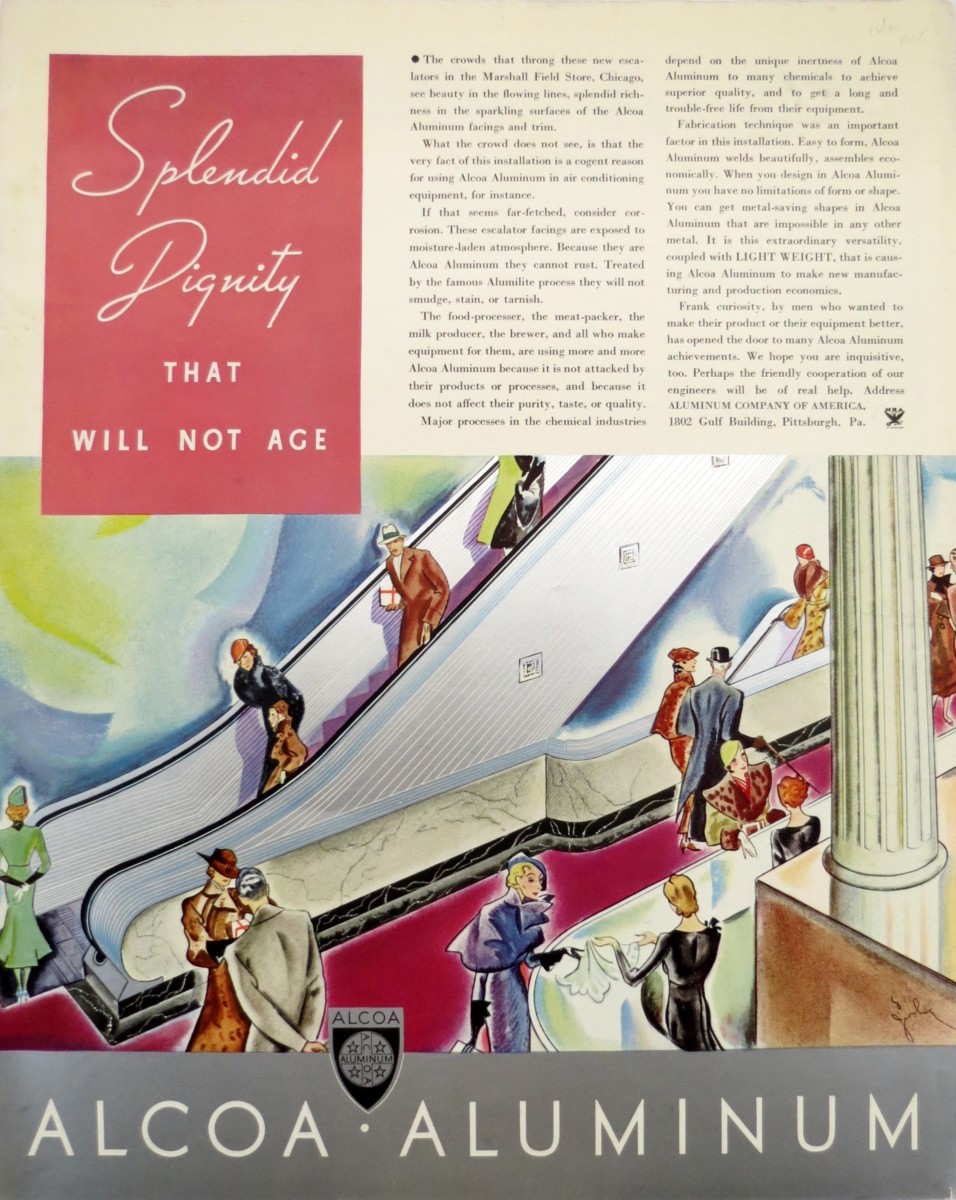 1934 MARSHALL FIELD'S FIRST ESCALATOR INSTALLATION ALCOA ALUMINUM PRINT AD