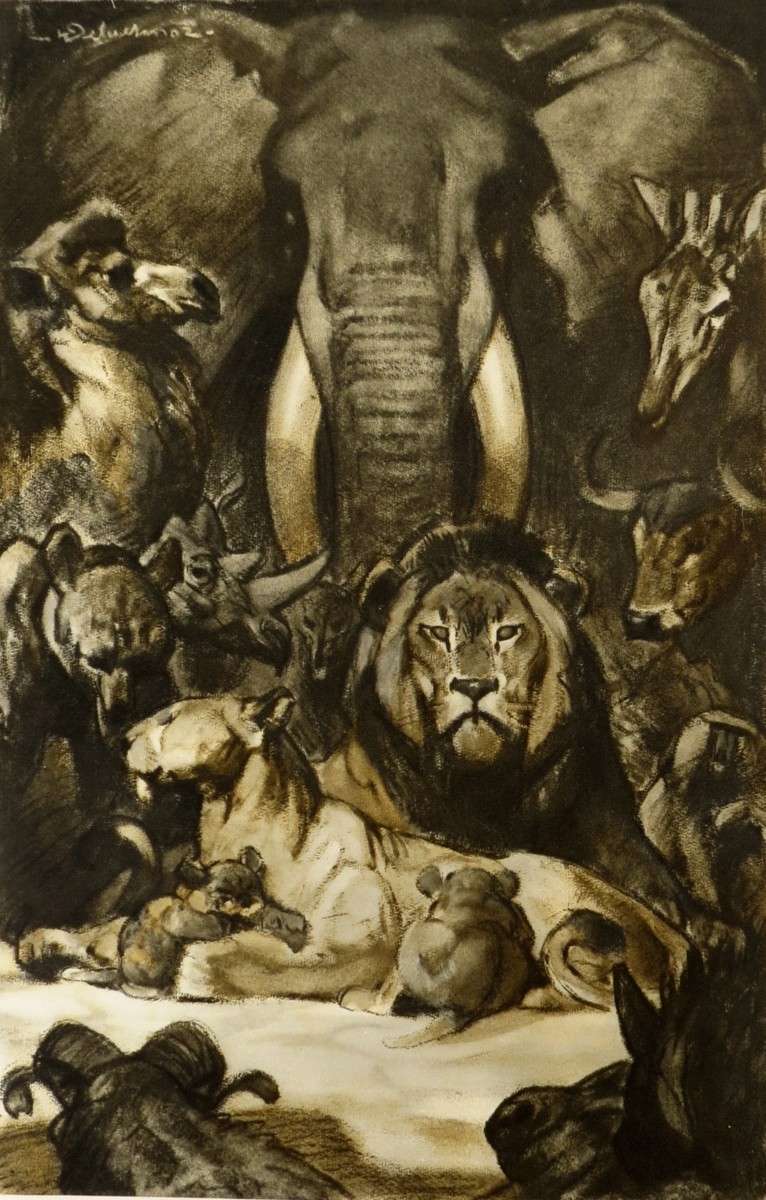 VINTAGE HENRI DELUERMOZ ROYALTY IN THE ARK (NOAH'S) LA ROYAUT DANS L'ARCHE PRINT
