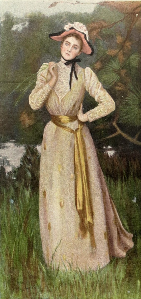 ANTIQUE ALBERT LYNCH AUTUMN TWILIGHT LADY'S FASHION PRINT C. 1900