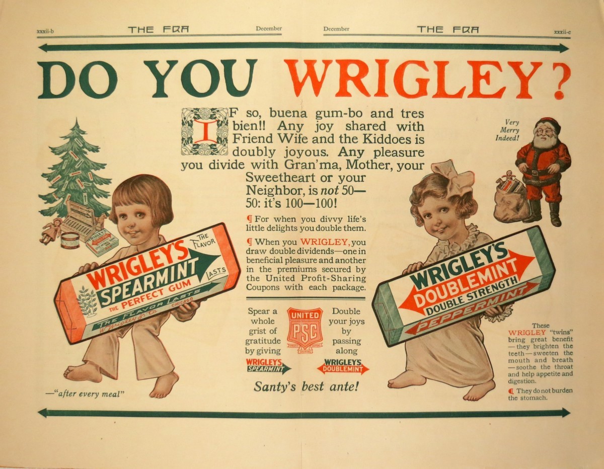 ANTIQUE WRIGLEY'S SPEARMINT DOUBLEMINT GUM CHRISTMAS SANTA CLAUS PRINT AD FROM ROYCROFTER'S FRA