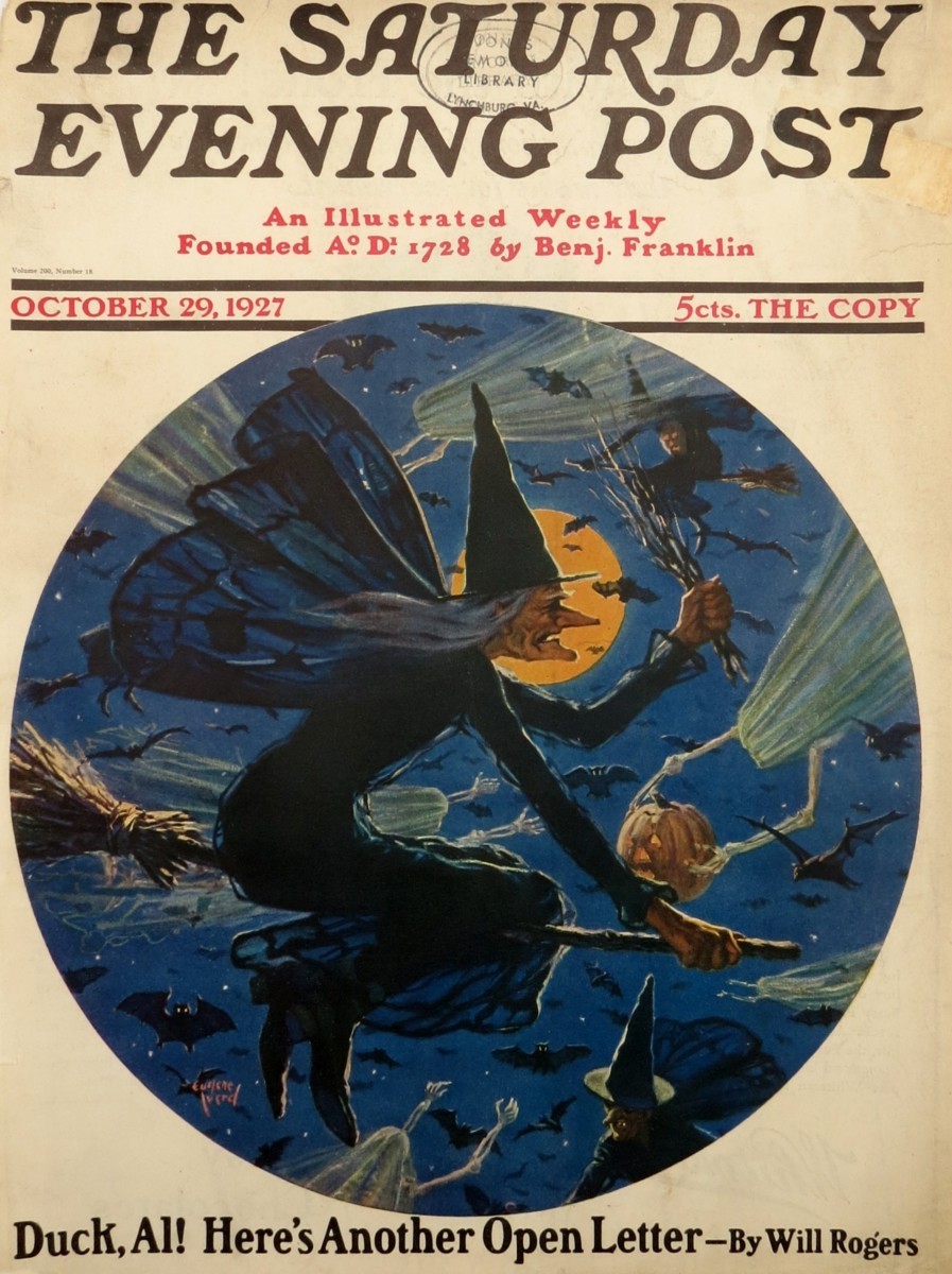 RARE SATURDAY EVENING POST OCTOBER 29 1927 HALLOWEEN WITCH ON BROOMSTICK COVER BY EUGENE IVERD