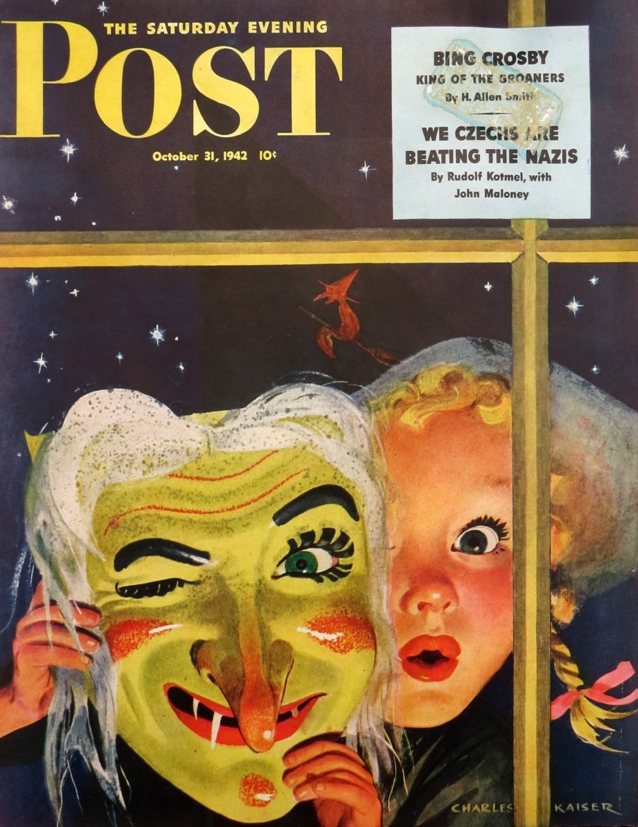 SATURDAY EVENING POST OCTOBER 31 1942 HALLOWEEN WITCH ON BROOMSTICK COVER BY EUGENE IVERD