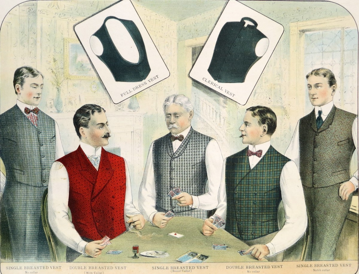 ORIGINAL 1902 MEN'S FASHION VESTS PLAYING POKER LITHOGRAPH FROM THE M BORN & COMPANY CHICAGO CATALOG
