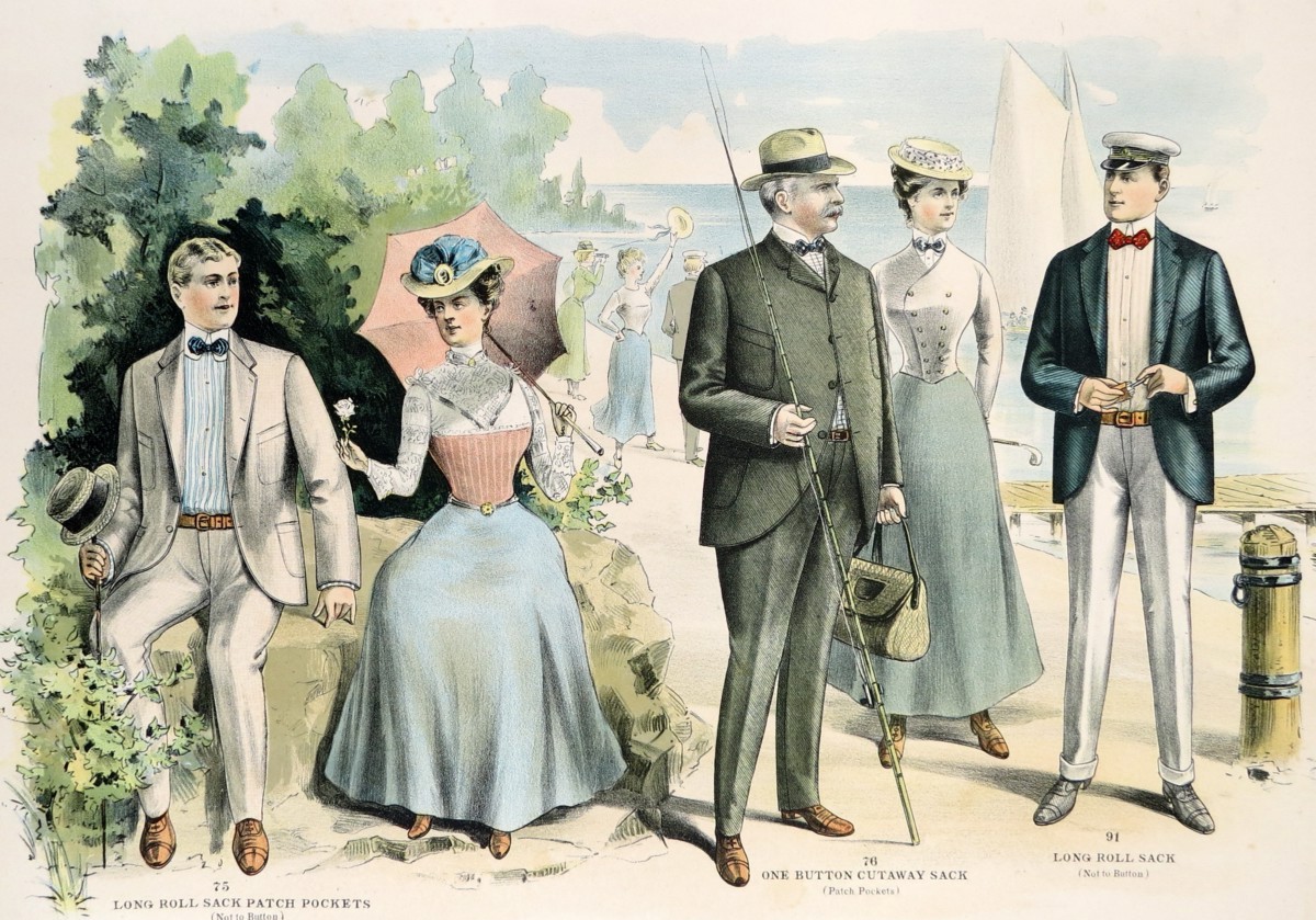 ORIGINAL 1902 MEN'S FASHION JACKET'S FISHING AT THE BEACH LITHOGRAPH FROM THE M BORN & COMPANY CHICAGO CATALOG
