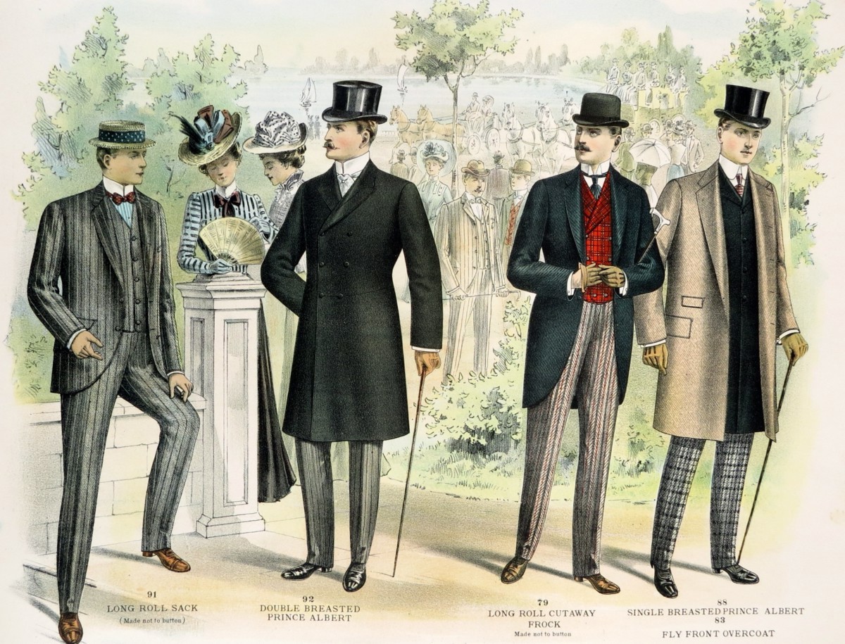 ORIGINAL 1902 MEN'S FASHION OVERCOATS GARDEN PARTY LITHOGRAPH FROM THE M BORN & COMPANY CHICAGO CATALOG