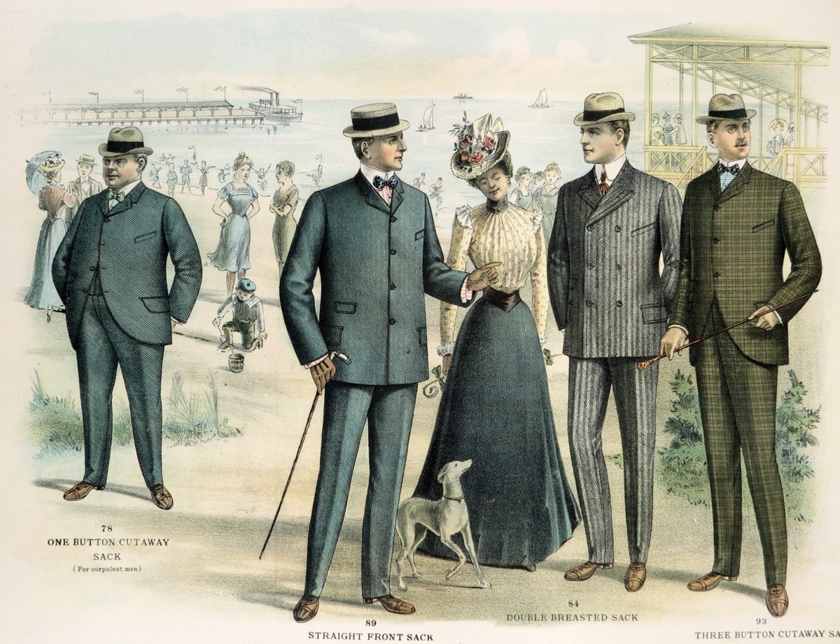 ORIGINAL 1902 MEN'S FASHION JACKETS BEACH GATHERING LITHOGRAPH FROM THE M BORN & COMPANY CHICAGO CATALOG
