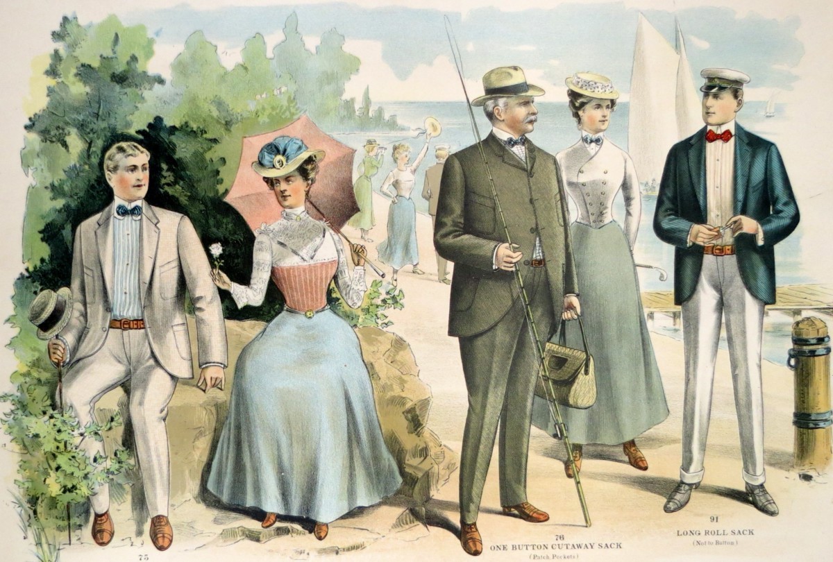 ORIGINAL 1902 MEN'S FASHION JACKET'S FISHING AT THE BEACH LITHOGRAPH FROM THE M BORN & COMPANY CHICAGO CATALOG