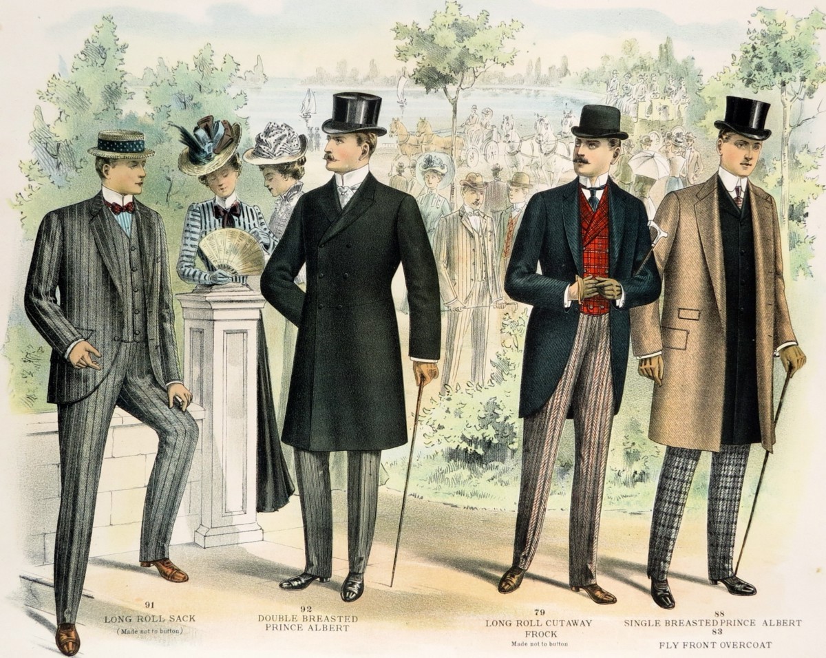 ORIGINAL 1902 MEN'S FASHION OVERCOATS GARDEN PARTY LITHOGRAPH FROM THE M BORN & COMPANY CHICAGO CATALOG