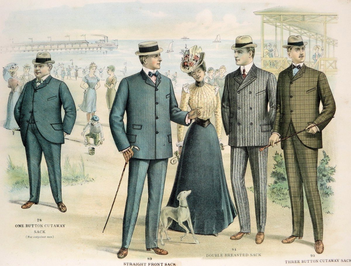 ORIGINAL 1902 MEN'S FASHION JACKETS BEACH GATHERING LITHOGRAPH FROM THE M BORN & COMPANY CHICAGO CATALOG