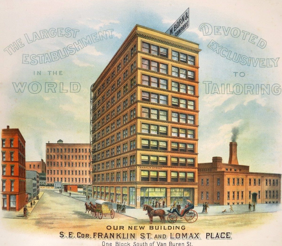 ORIGINAL 1902 M BORN & COMPANY CHICAGO BUILDING MEN'S FASHION TAILORING LITHOGRAPH