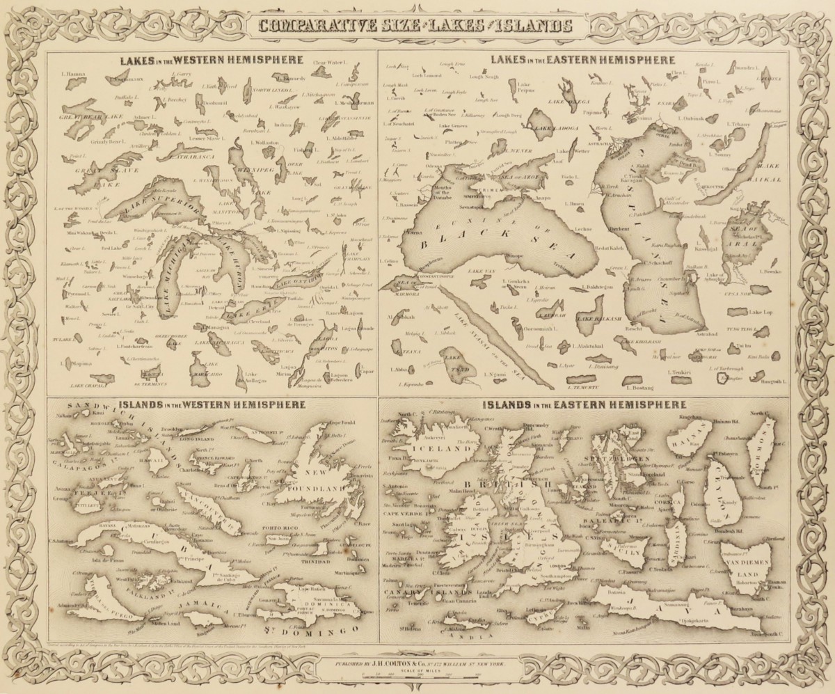ORIGINAL 1855 COLTON'S MAP COMPARATIVE SIZE OF LAKES AND ISLANDS