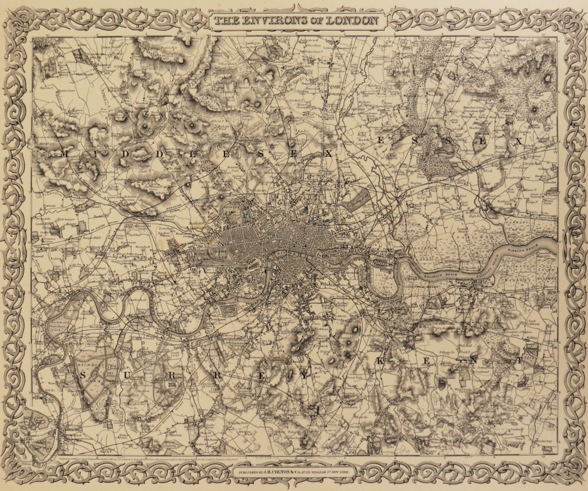 ORIGINAL 1855 COLTON'S MAP ENVIRONS OF LONDON