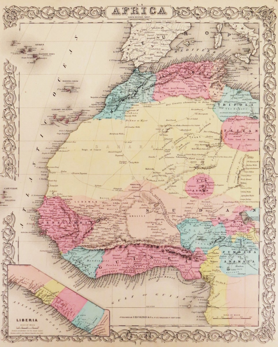 ORIGINAL 1855 COLTON'S MAP OF NORTHWEST AFRICA - MARACCO, SUDAN, GUINEA, LIBERIA, ETC.