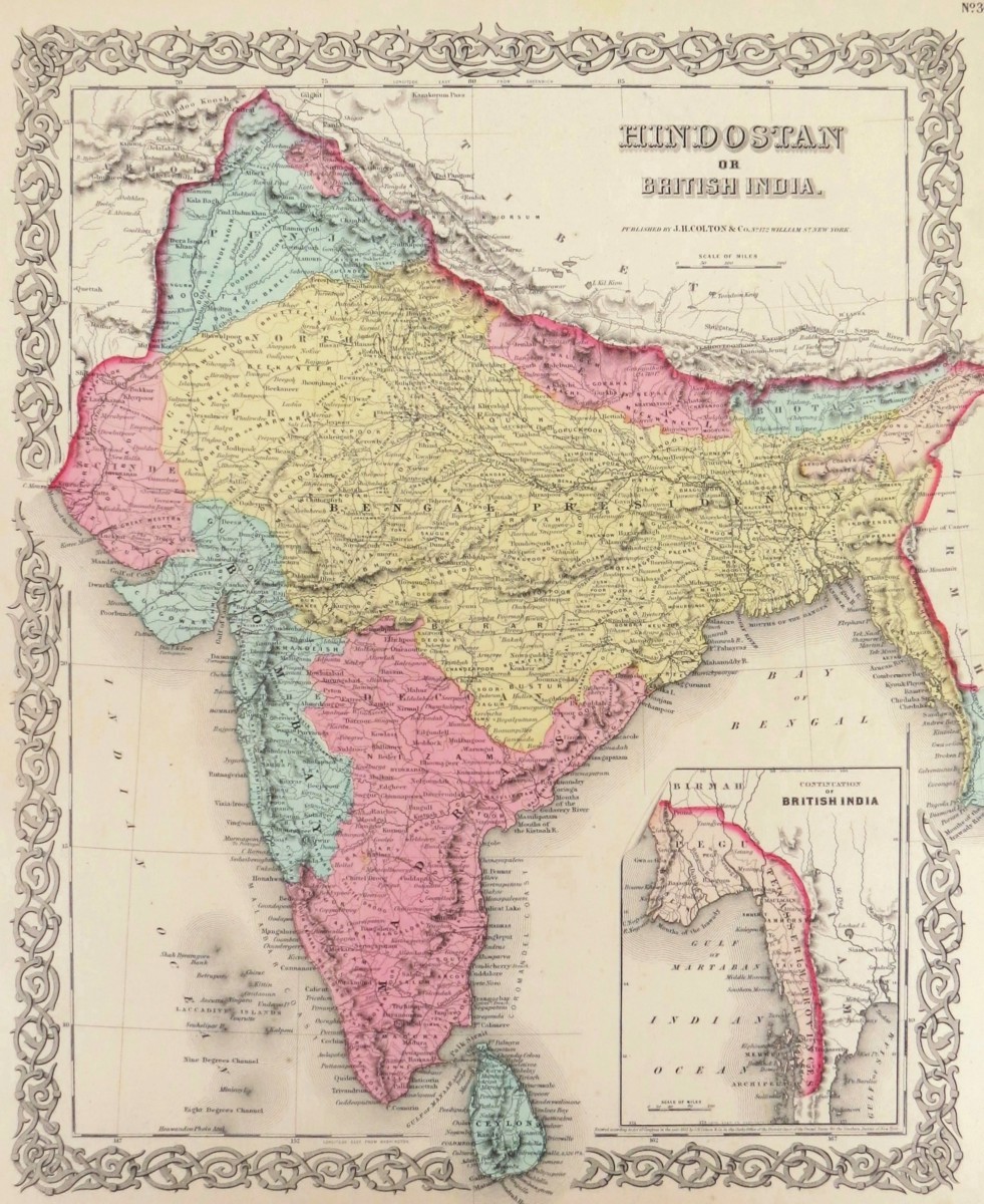 ORIGINAL 1855 COLTON'S HAND COLORED MAP OF HINDOSTAN OR BRITISH INDIA