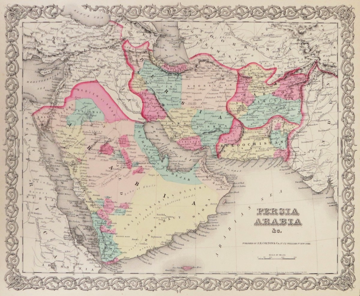 ORIGINAL 1855 COLTON'S HAND COLORED MAP OF PERSIA, ARABIA ETC. KINGDOM OF IRAN