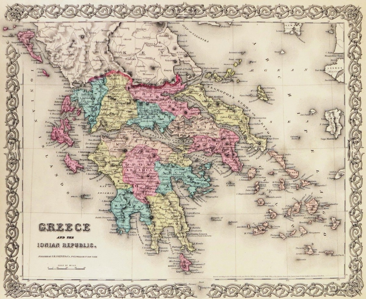 ORIGINAL 1855 COLTON'S HAND COLORED MAP OF GREECE AND THE IONIAN REPUBLIC