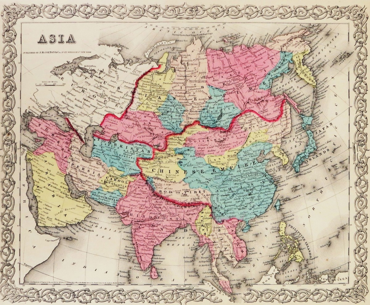 ORIGINAL 1855 COLTON'S HAND COLORED MAP OF ASIA