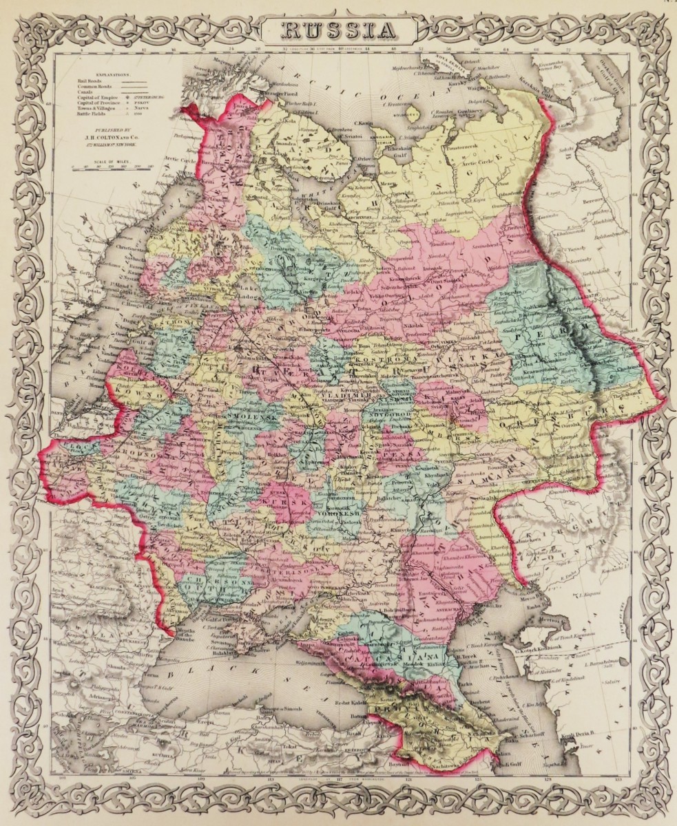 ORIGINAL 1855 COLTON'S HAND COLORED MAP OF RUSSIA