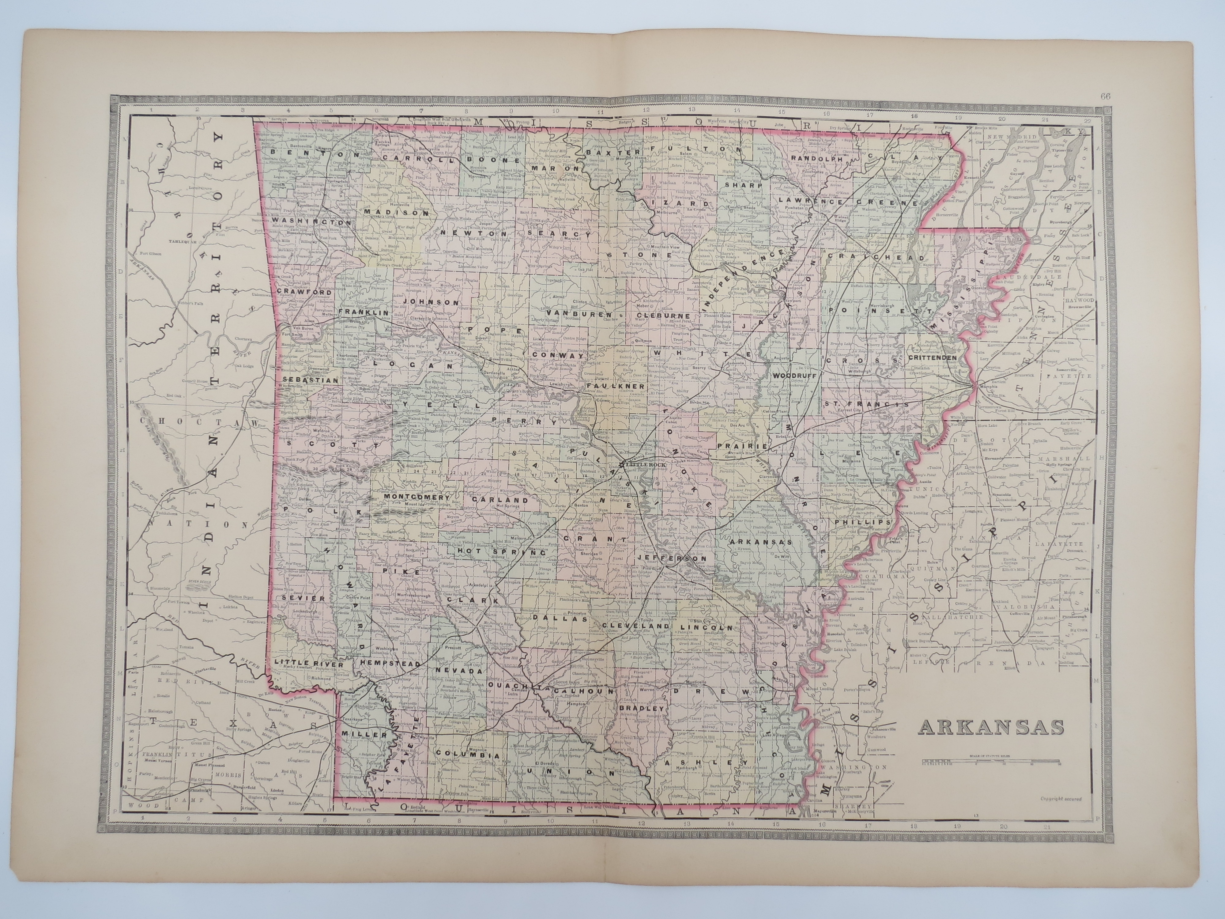 Image for ORIGINAL 1888 HAND COLORED BRADLEY MAP OF ARKANSAS 19" X 25"