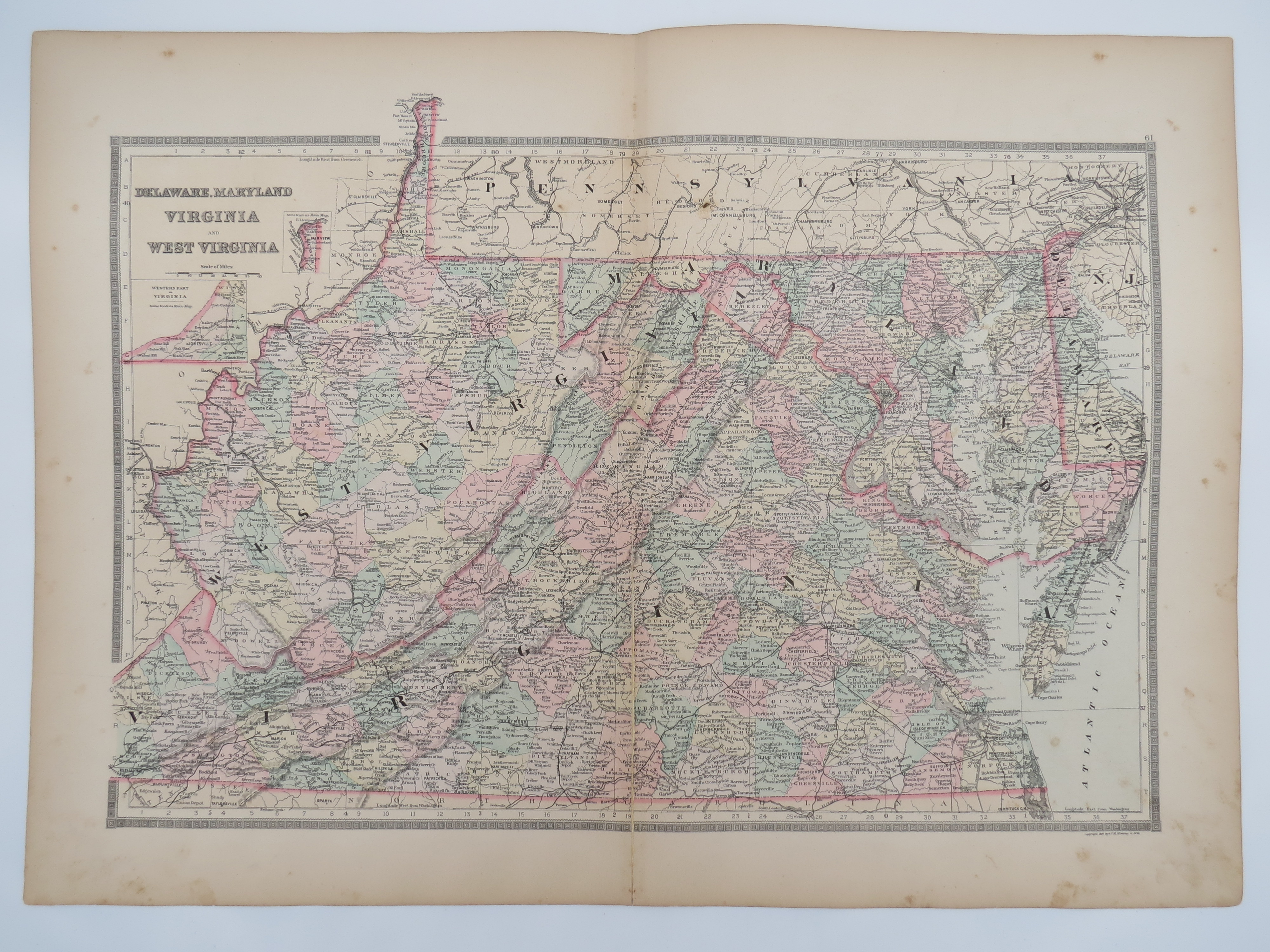 Image for ORIGINAL 1888 HAND COLORED BRADLEY MAP OF DELAWARE, MARYLAND, VIRGINIA, & WEST VIRGINIA 19" X 25"