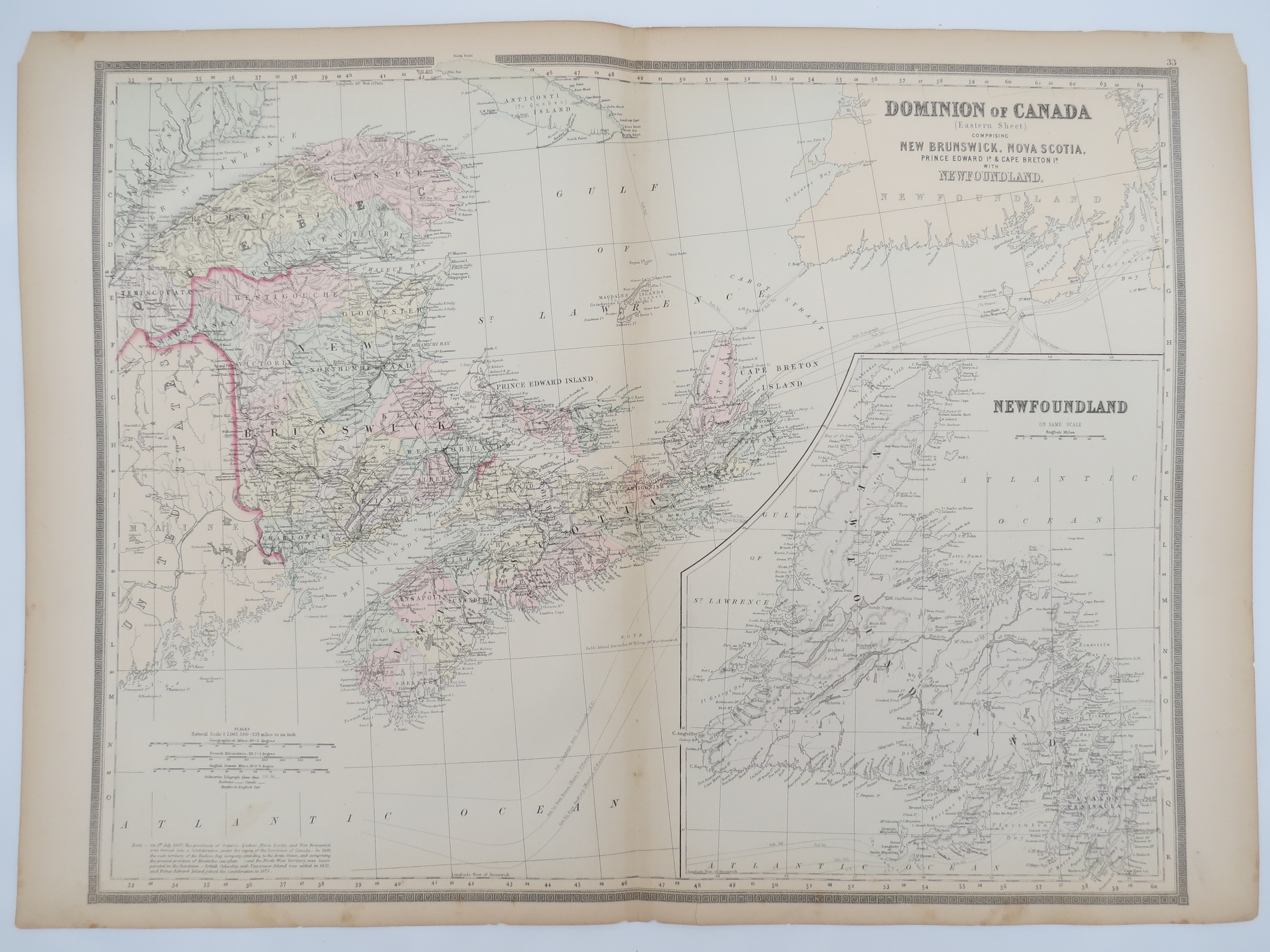 Image for ORIGINAL 1888 HAND COLORED BRADLEY MAP OF EASTERN DOMINION OF CANADA 19" X 25"