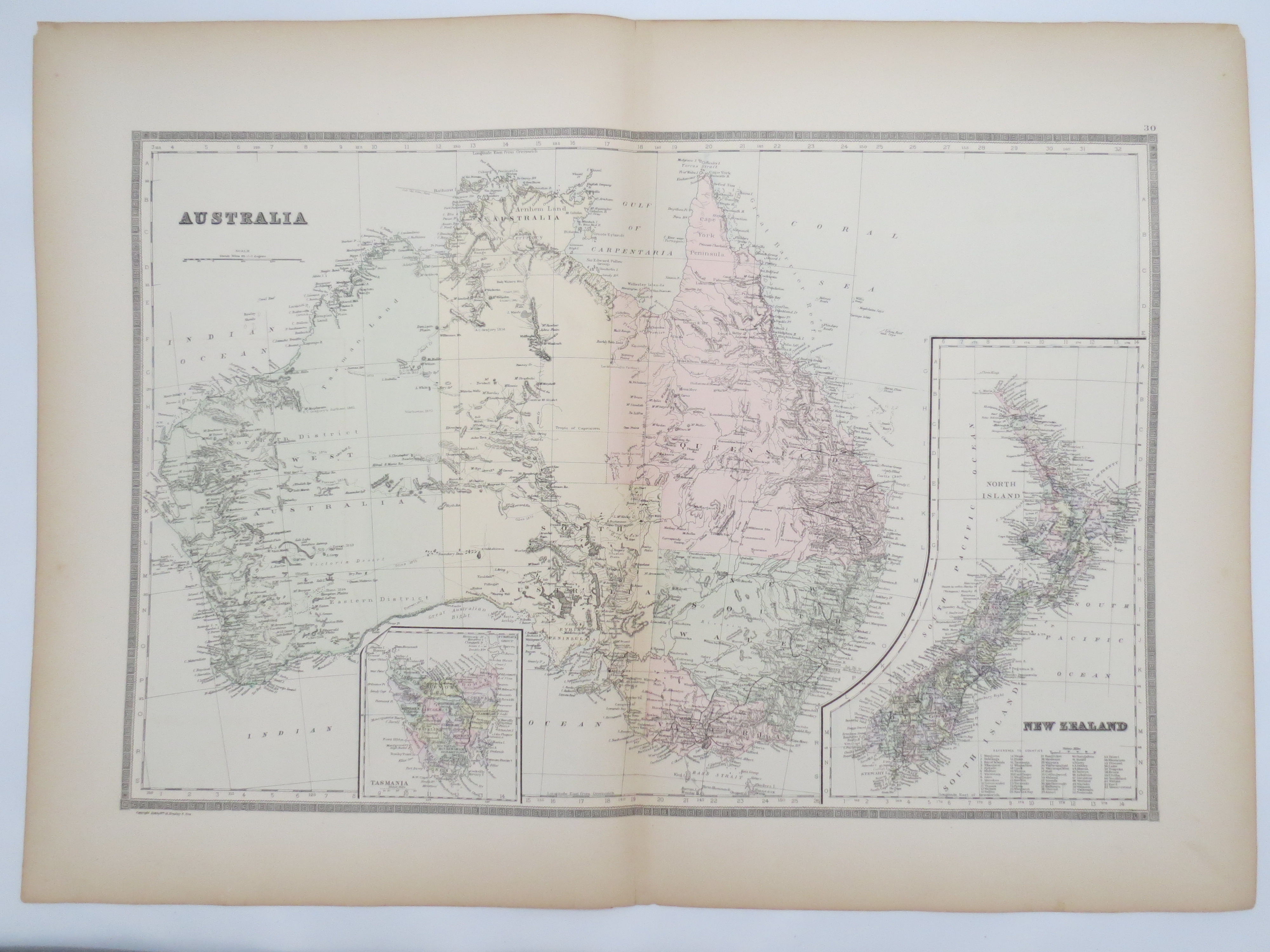 Image for ORIGINAL 1888 HAND COLORED BRADLEY MAP OF AUSTRALIA & NEW ZEALAND 19" X 25"