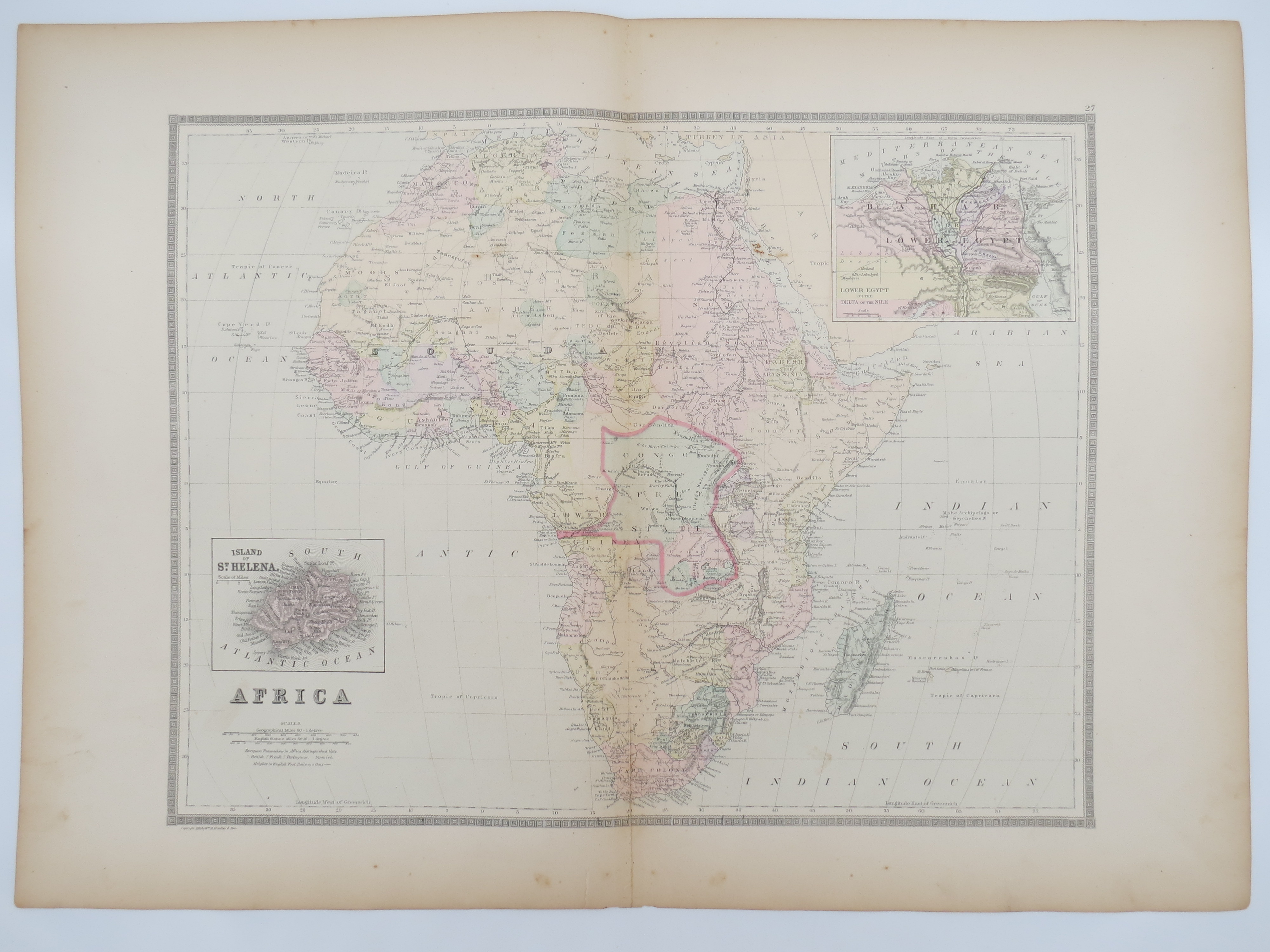 Image for ORIGINAL 1888 HAND COLORED BRADLEY MAP OF AFRICA 19" X 25"