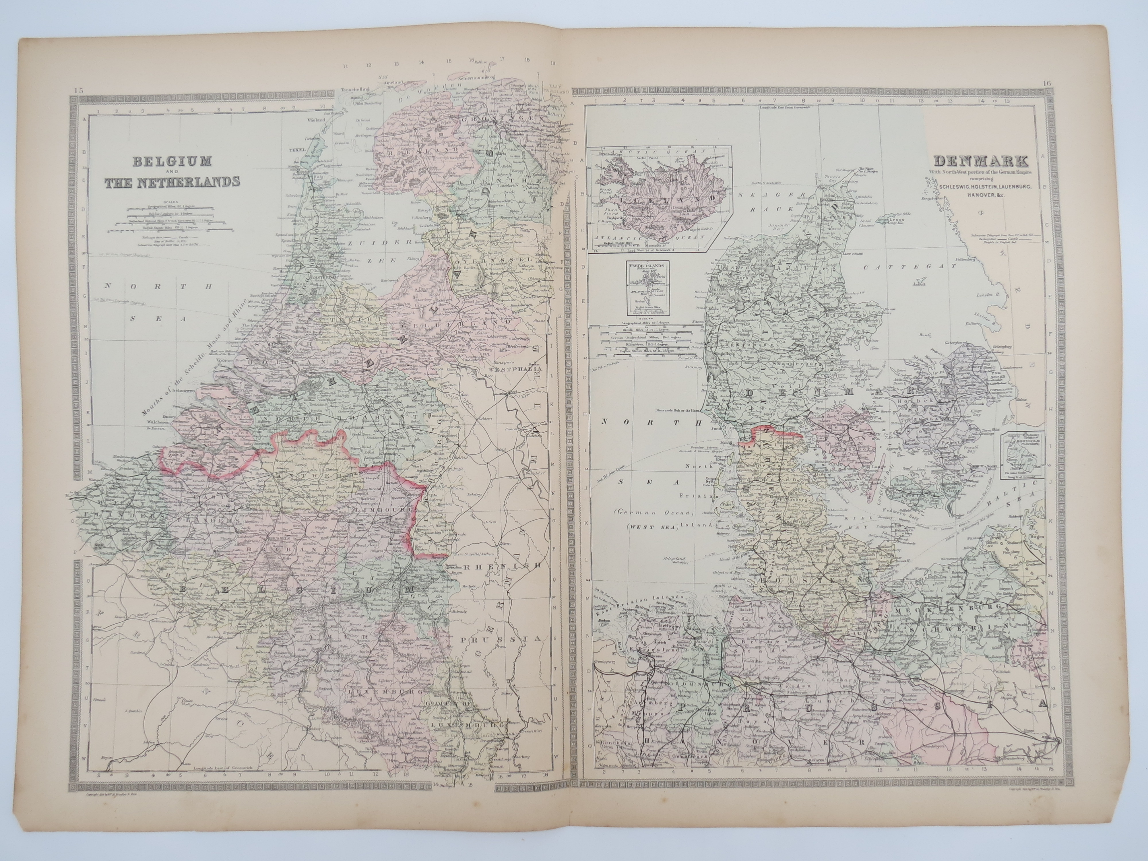 Image for ORIGINAL 1888 HAND COLORED BRADLEY MAP OF BELGIUM, THE NETHERLANDS & DENMARK 19" X 25"