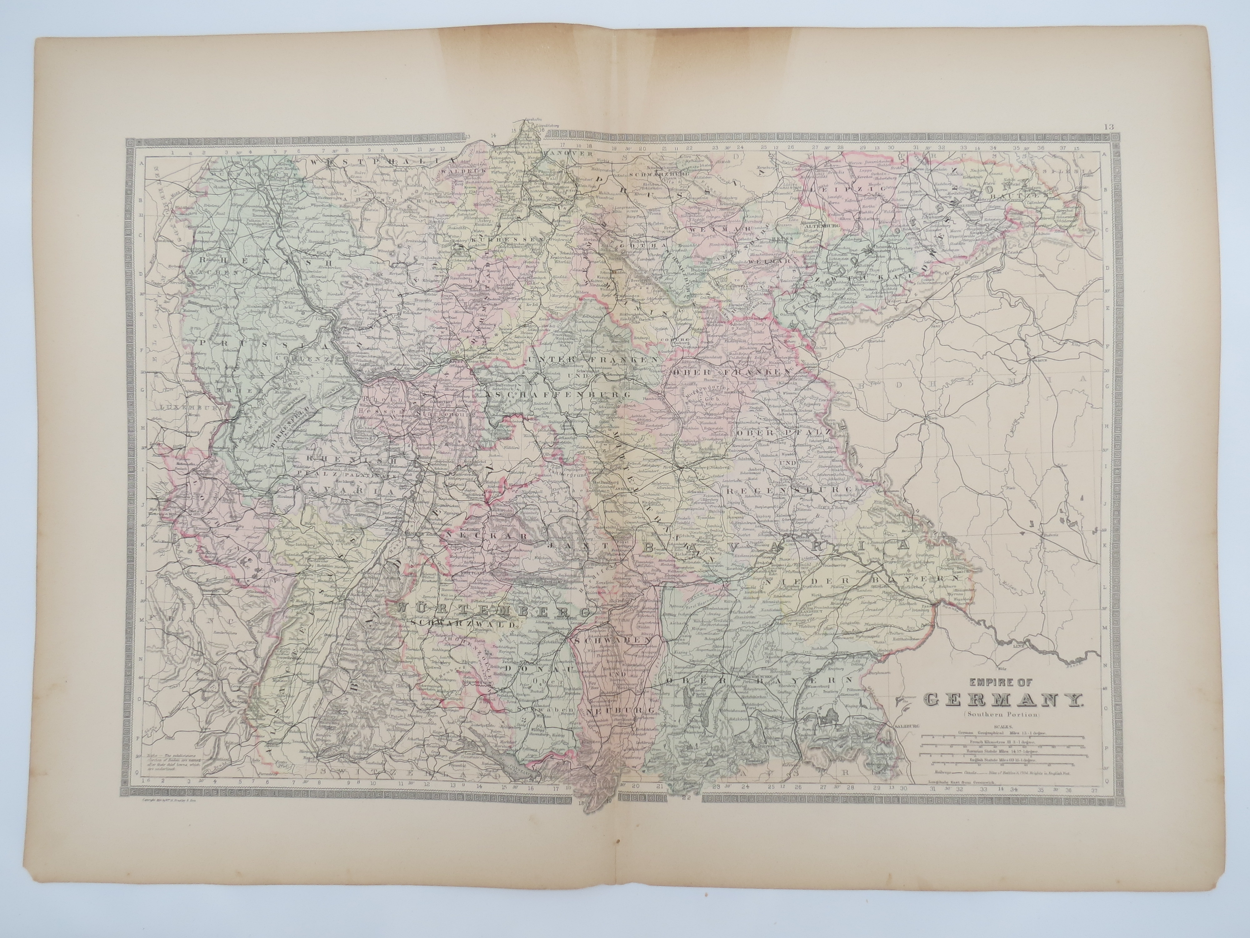 Image for ORIGINAL 1888 HAND COLORED BRADLEY MAP OF EMPIRE OF GERMANY SOUTHERN PORTION 19" X 25"
