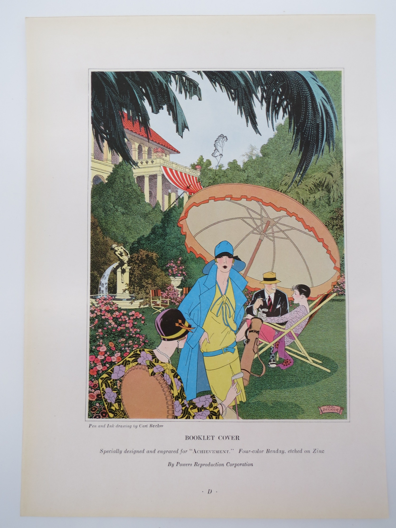 VINTAGE ART DECO GARDEN PARTY COLOR PRINT