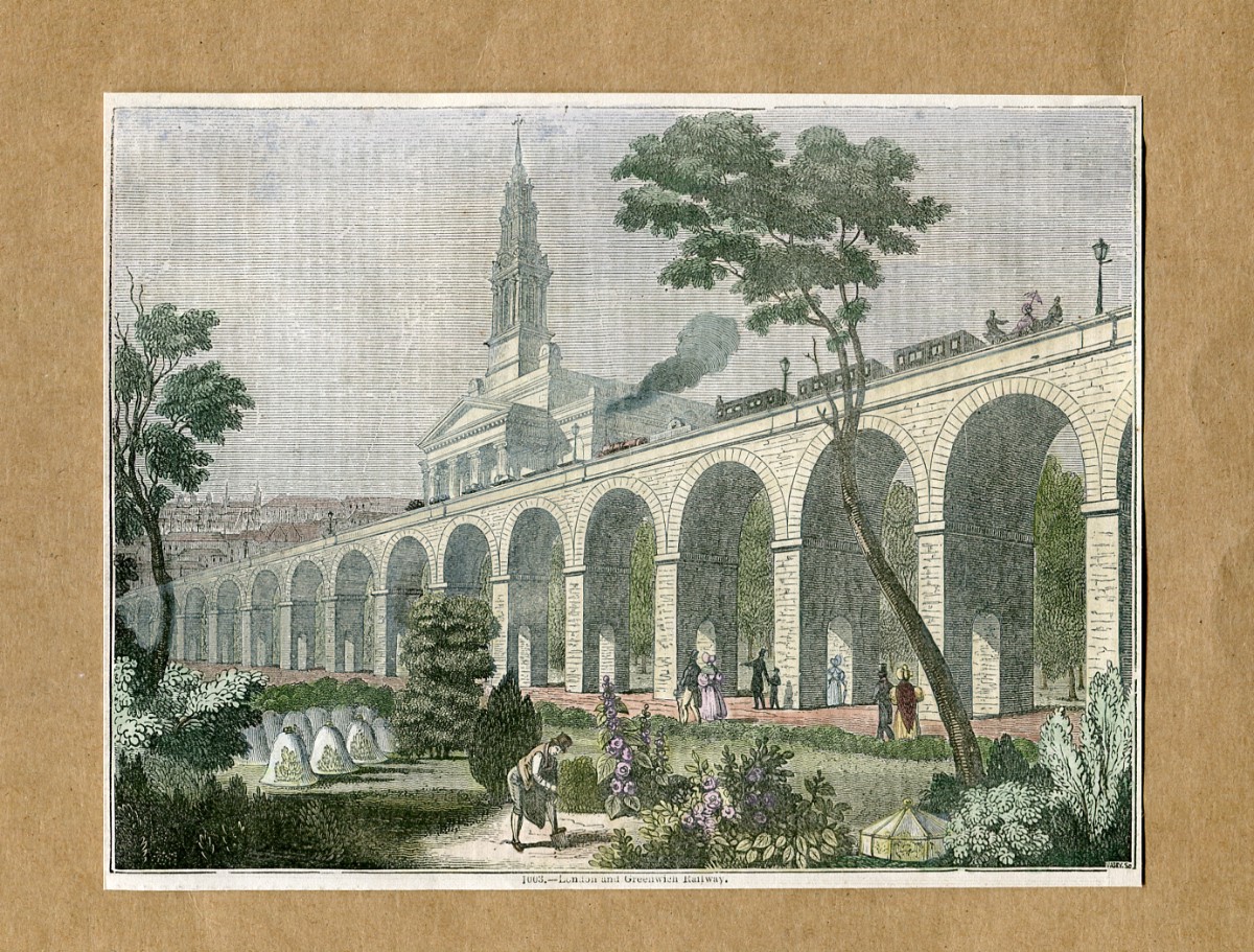 Antique Hand Tinted Engraving: London and Greenwich Railway Illustration for Knight's Pictorial Gallery of Arts