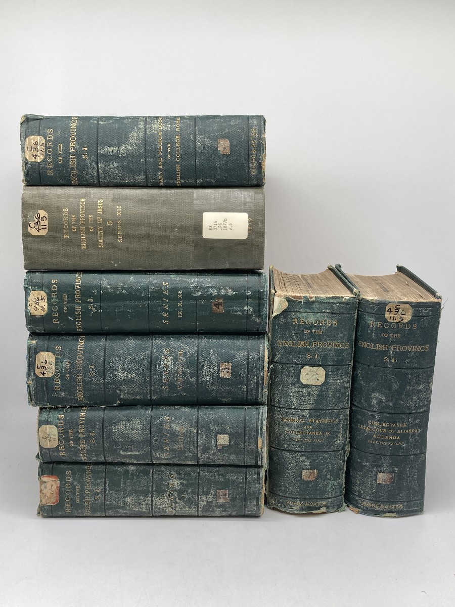 Records of the English Province of the Society of Jesus; Series I through XII (In 5 Books) and 3 Addenda Books (General Statistic and Collectanea; Collectanea Catalogue of Aliases; Diary and Pilgrim Book of the English College of Rome) 1870s